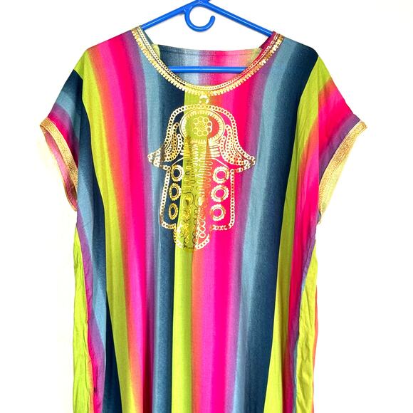 Rainbow Sequined Peace Mudra Festival Long Caftan Kaftan Swimsuit Cover Dress - Picture 3 of 8